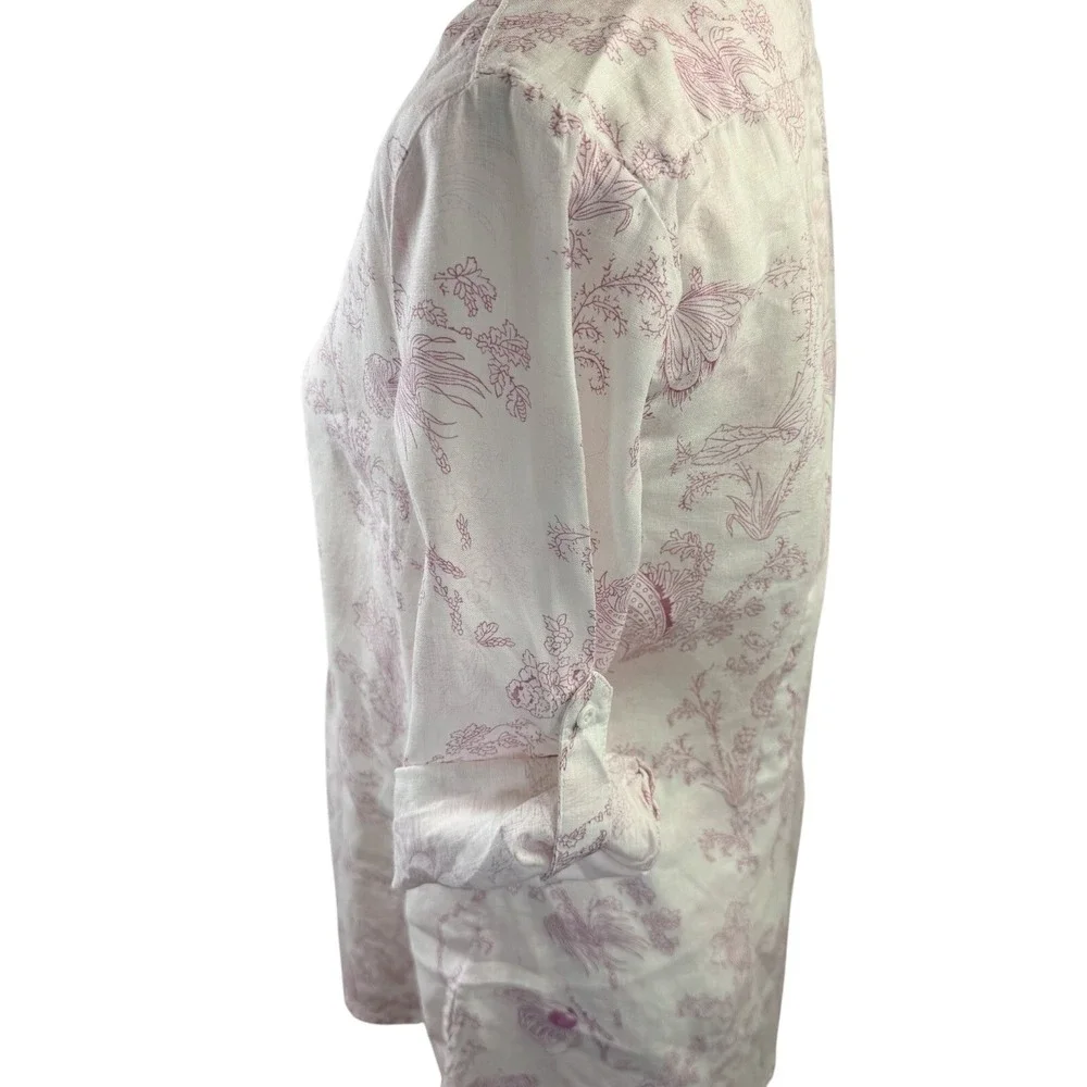 Malvin White Linen Purple Floral Notch Neck 3/4 Roll Tab Sleeve Tunic Top Medium